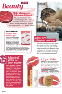 bella: In der August Ausgabe der bella war die Frage der Woche "Was ist eine Hydrolage?". Die Teint durchfeuchtende und Fältchen mindernde Gesichtsmaske gibt es in den REVIDERM Kosmetikinstituten.Auflage: 88.052 ExemplareErscheinung: wöchentlich