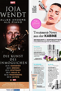 BUNTE: Die BUNTE stellt im Zuge der BUNTE Beauty Days​ unser Individual Serum sowie prominent den REVIDERM SkinNeedler vor. Mit 10 Nadeln in einer Reihe gewährleistet der SkinNeedler höchste Einstichpräzision und regt die Neubildung von Kollagen und Elastin an.Auflage: 464.815 ExemplareErscheinung: wöchentlich